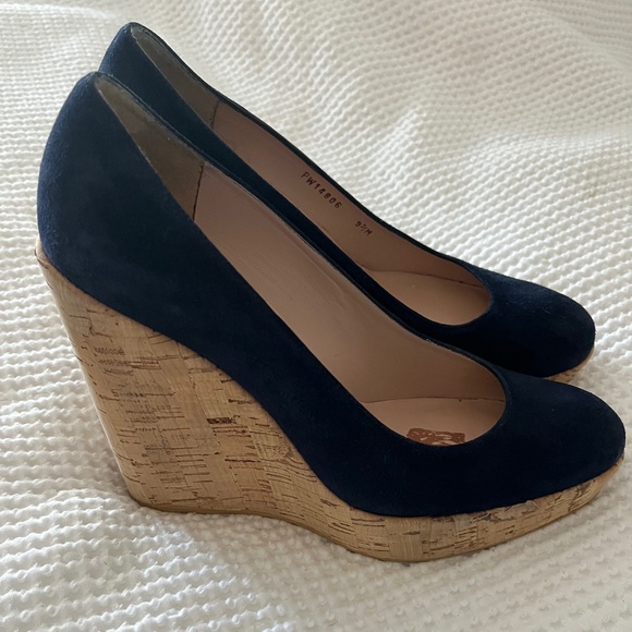 Stuart Weitzman Corkswoon Wedges Navy Suede Like New 9.5 - Picture 1 of 16